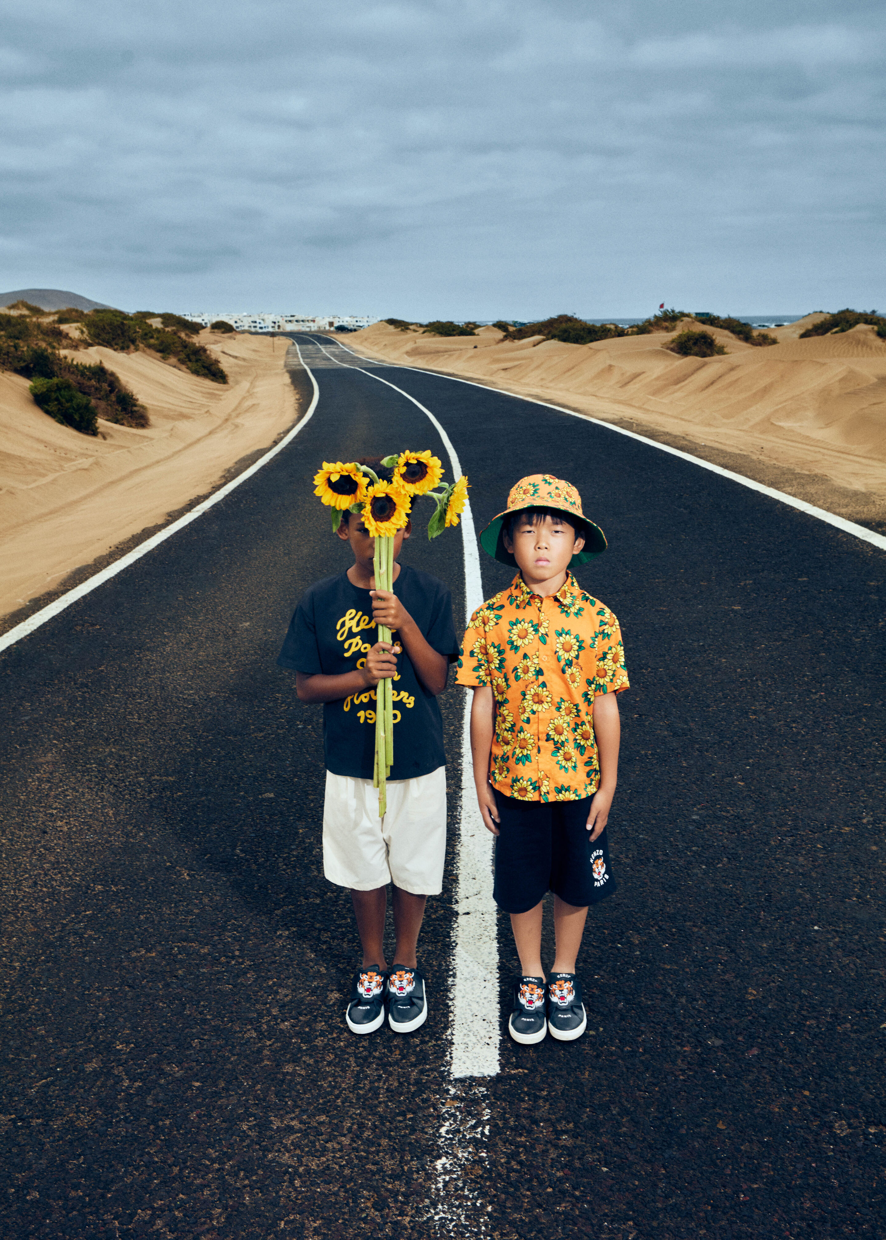 Kenzo kids look for girls and boys: floral outfits with sunflower prints, colorful premium and luxury fashion at Kidsaround